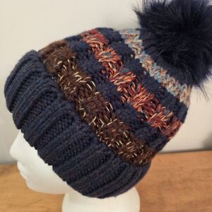 Striped Knit Beanie with Pom-Pom